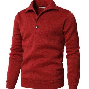 H2H Men's Slim Fit Turtleneck Basic Knit Red Sweater with Buttons Closure- Large